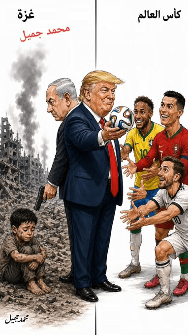 Trump oferece bola de futebol a jogadores na Copa do Mundo da FIFA enquanto Netanyahu aponta arma de fogo para a cabeça de uma criança palestina em local arrazado por israel.